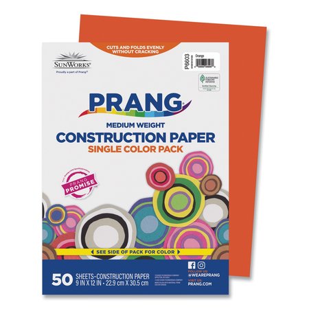 Sunworks Construction Paper, 58lb, 9 x 12, Orange, PK50 6603